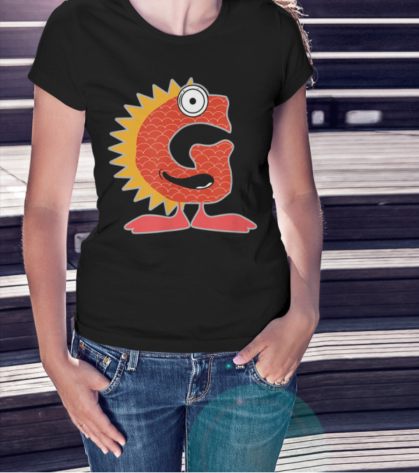 Alphabet G Monster Cute Fun Scary Creature Monogram Initial Red Spiky Yellow T-Shirt
