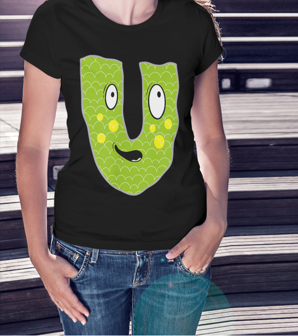 Alphabet U Monster Cute Fun Scary Creature Monogram Initial Green Character With Googly Eyes And Smiling Face T-Shirt