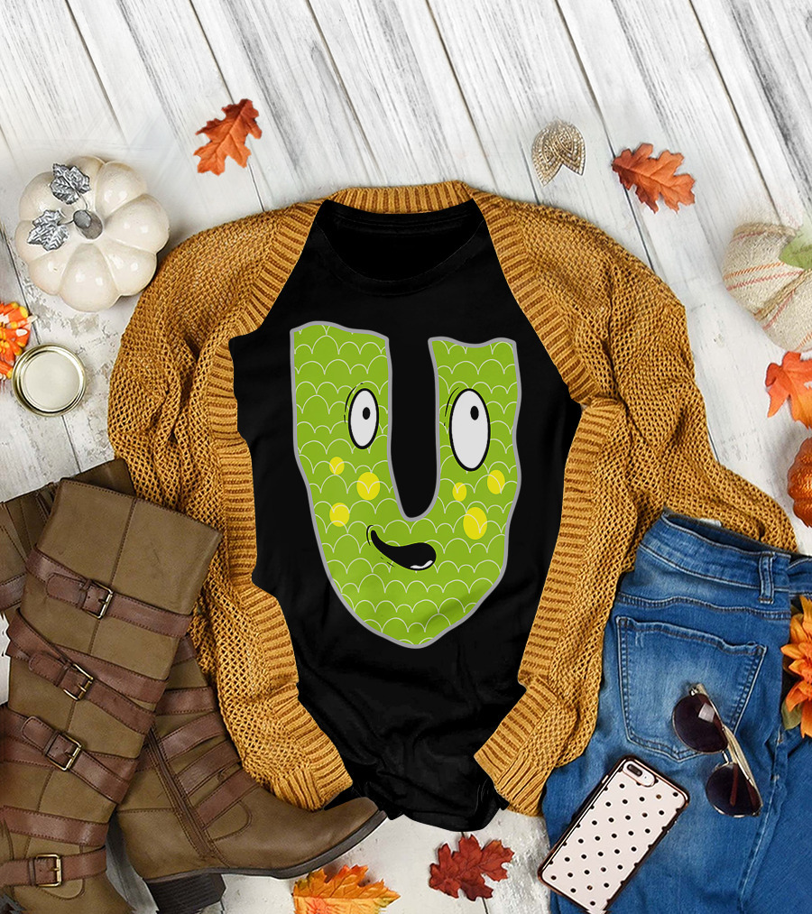 Alphabet U Monster Cute Fun Scary Creature Monogram Initial Green Character with Googly Eyes and Smiling Face T-Shirt
