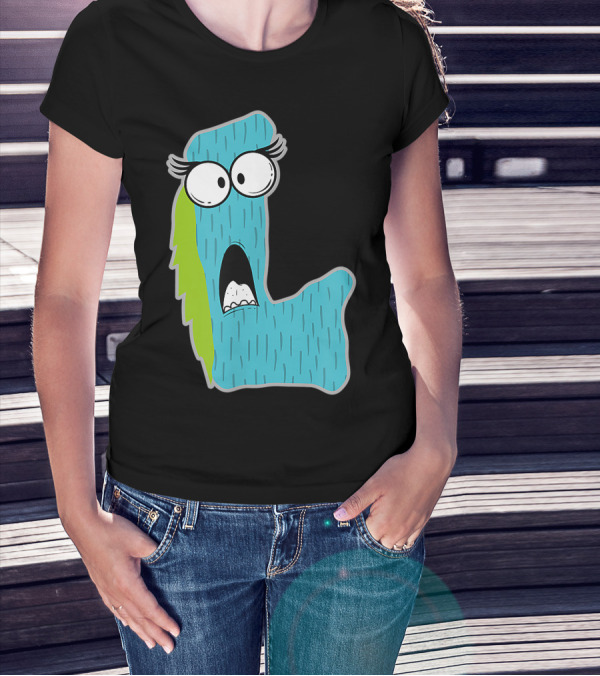 Alphabet L Monster Cute Fun Scary Creature Monogram Initial Blue Furry Letter With Big Eyes T-Shirt
