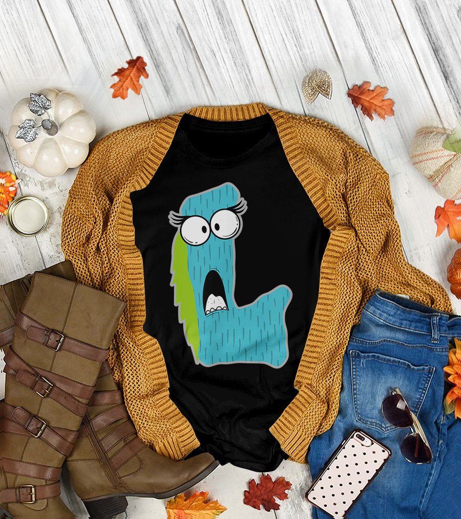 Alphabet L Monster Cute Fun Scary Creature Monogram Initial Blue Furry Letter with Big Eyes T-Shirt