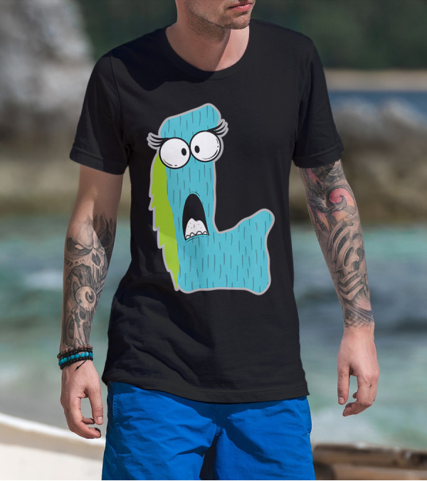 Alphabet L Monster Cute Fun Scary Creature Monogram Initial Blue Furry Letter With Big Eyes T-Shirt