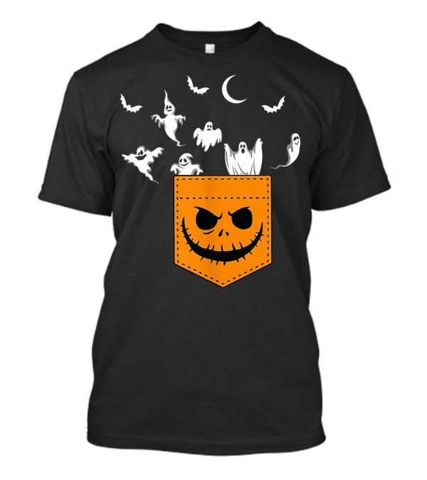 Funny Halloween Pocket Ghosts Peeking With Jack-O'-Lantern Face And Bats T-Shirt