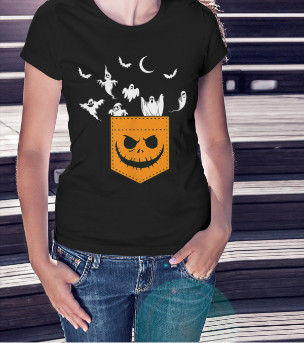 Funny Halloween Pocket Ghosts Peeking With Jack-O'-Lantern Face And Bats T-Shirt