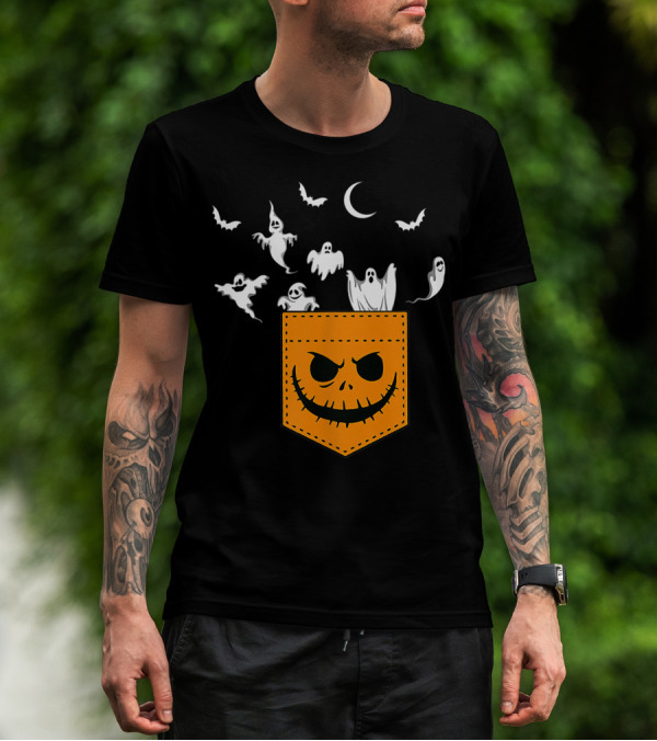 Funny Halloween Pocket Ghosts Peeking With Jack-O'-Lantern Face And Bats T-Shirt