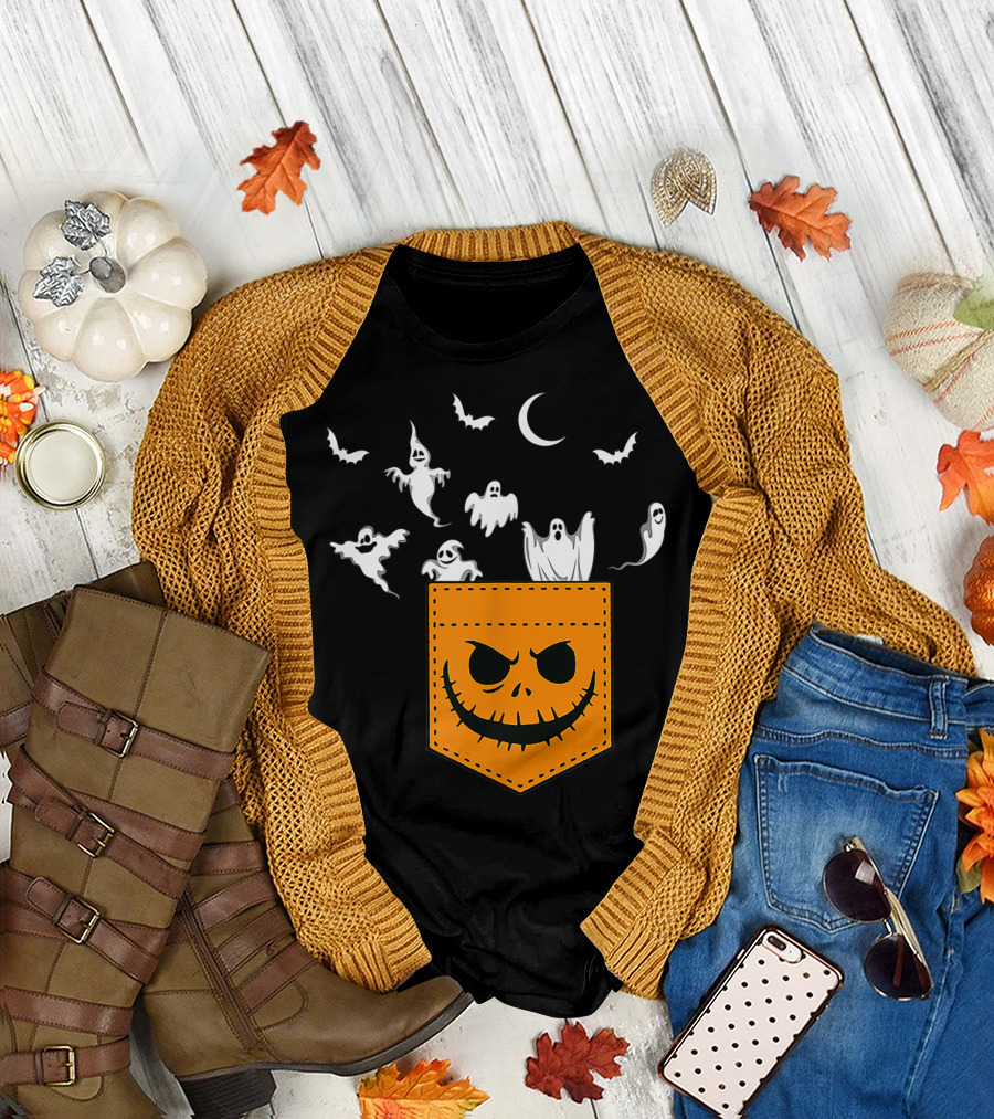 Funny Halloween Pocket Ghosts Peeking with Jack-O'-Lantern Face and Bats T-Shirt