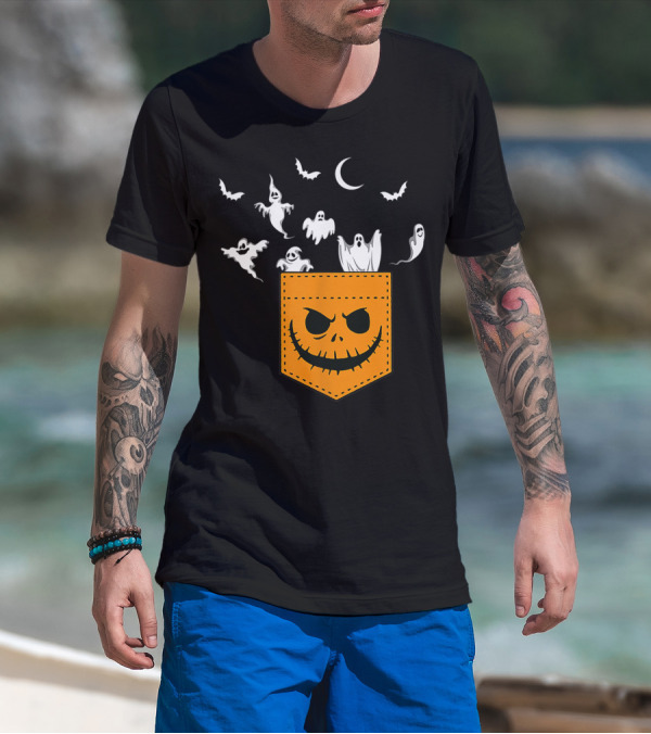 Funny Halloween Pocket Ghosts Peeking With Jack-O'-Lantern Face And Bats T-Shirt