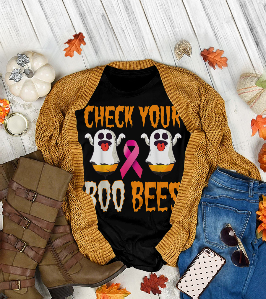 Check Your Boo Bees Ghosts Pink Ribbon Breast Awareness Halloween T-Shirt