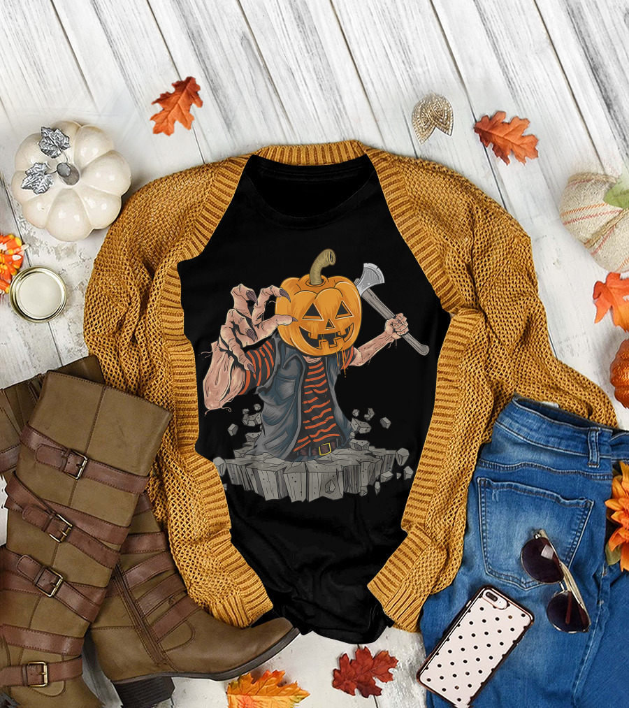 Pumpkin Head Rising With Axe From Cracked Ground T-Shirt