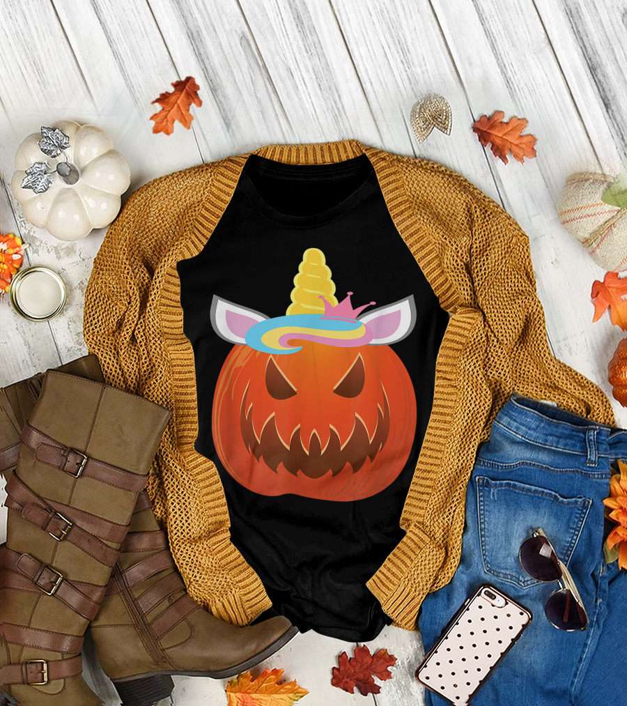 Scary Cute Unicorn Pumpkin Halloween Illustration with Colorful Mane and Horn T-Shirt