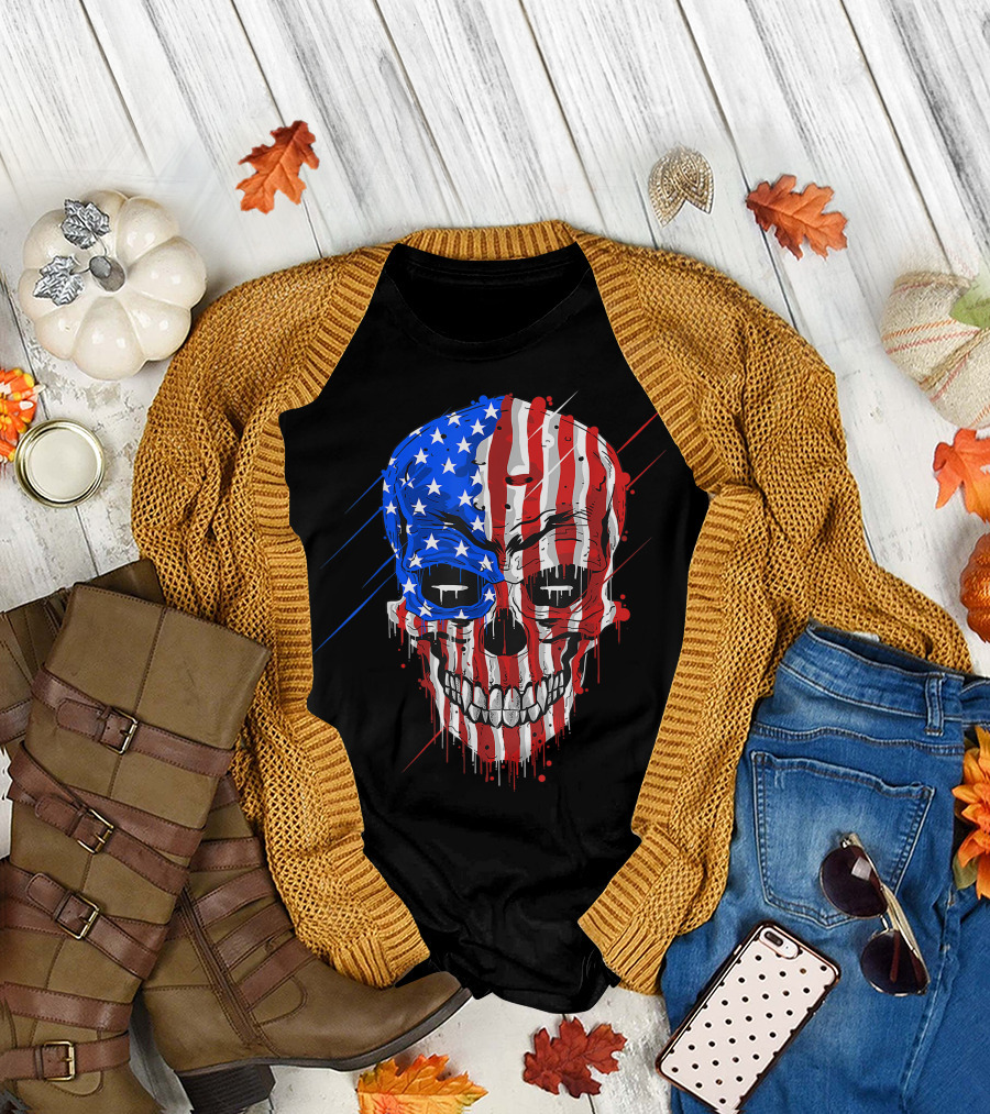 Patriotic Skull with Stars and Stripes Flag Halloween T-Shirt