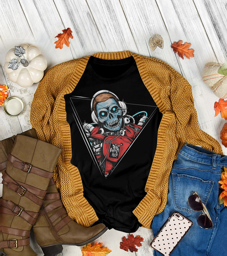 Skeleton DJ in Headphones Mixing Music for Halloween T-Shirt