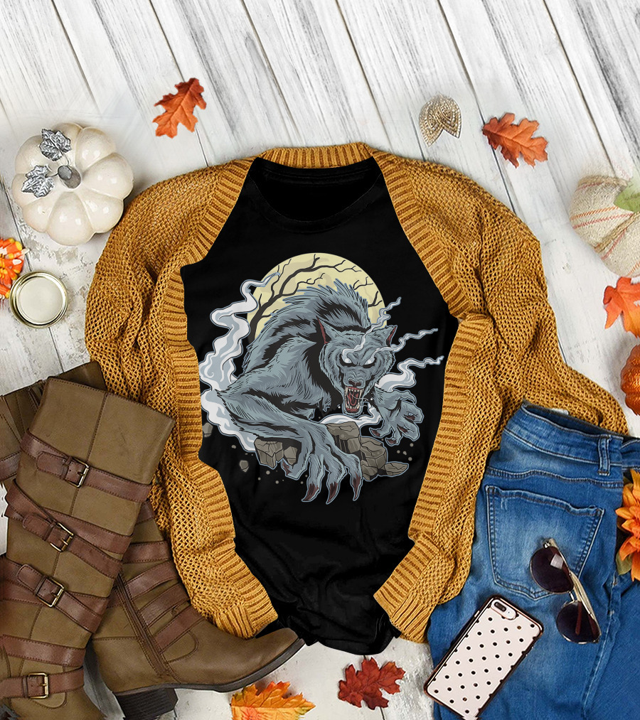 Werewolf Howling Against A Full Moon Scary Halloween Night Creature T-Shirt