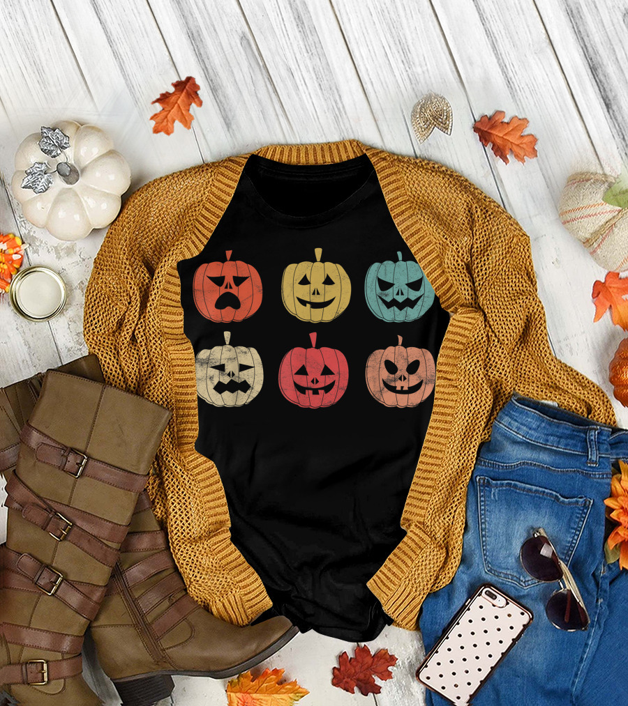 Vintage Halloween Pumpkin Faces Colorful Funny Gift T-Shirt