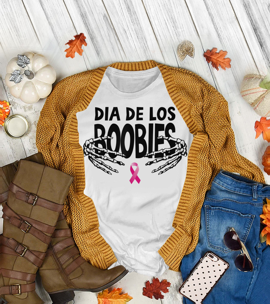 Dia De Los Boobies Skeleton Hands Pink Ribbon Halloween T-Shirt