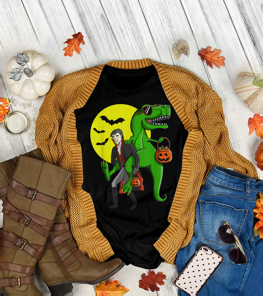 Funny T-Rex Riding Vampire Trick or Treat Halloween Night T-Shirt