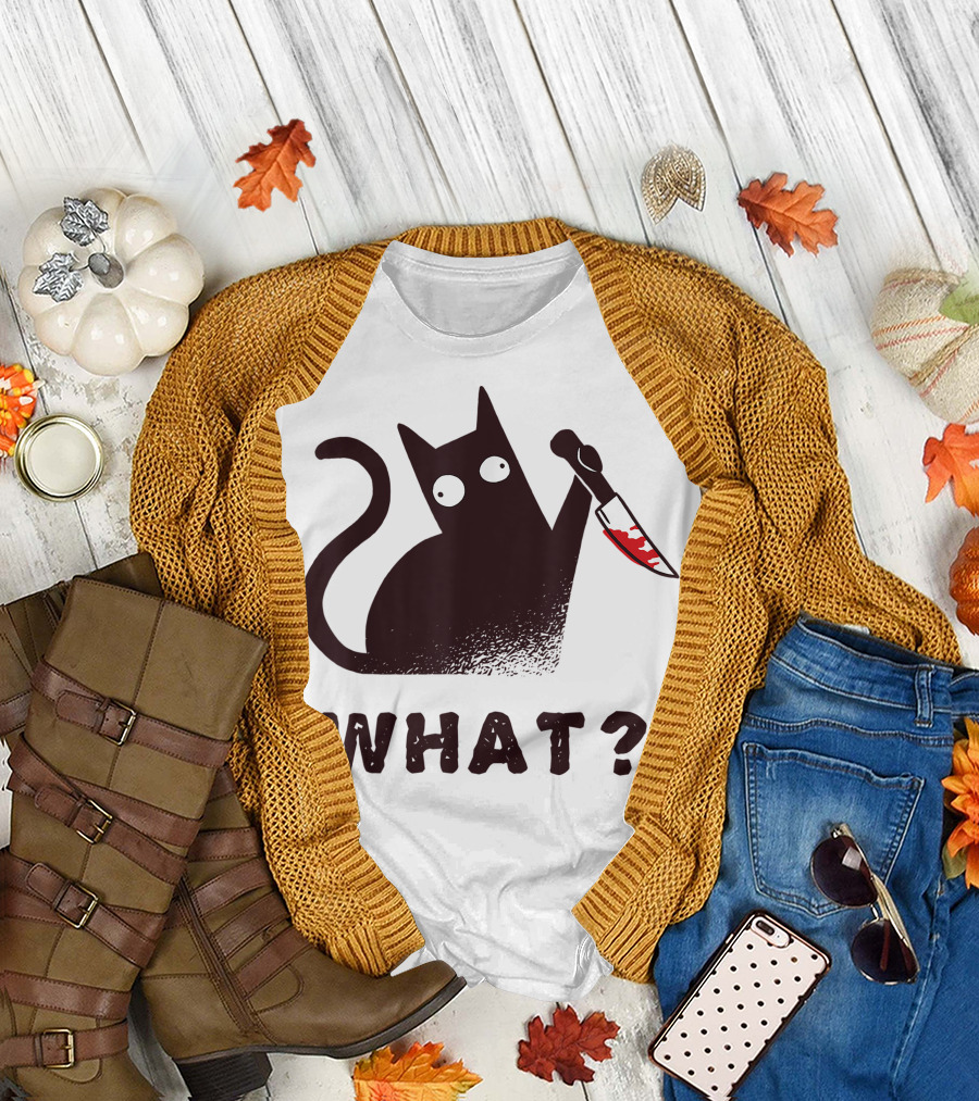 Black Cat Holding Bloody Knife with What Question for Halloween T-Shirt