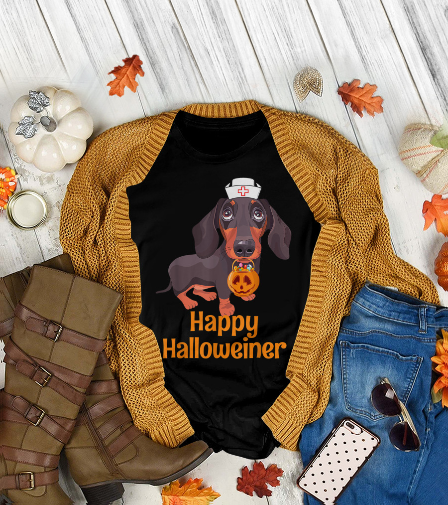 Halloween Nurse Dachshund with Pumpkin Treat Costume Women Happy Halloweiner T-Shirt