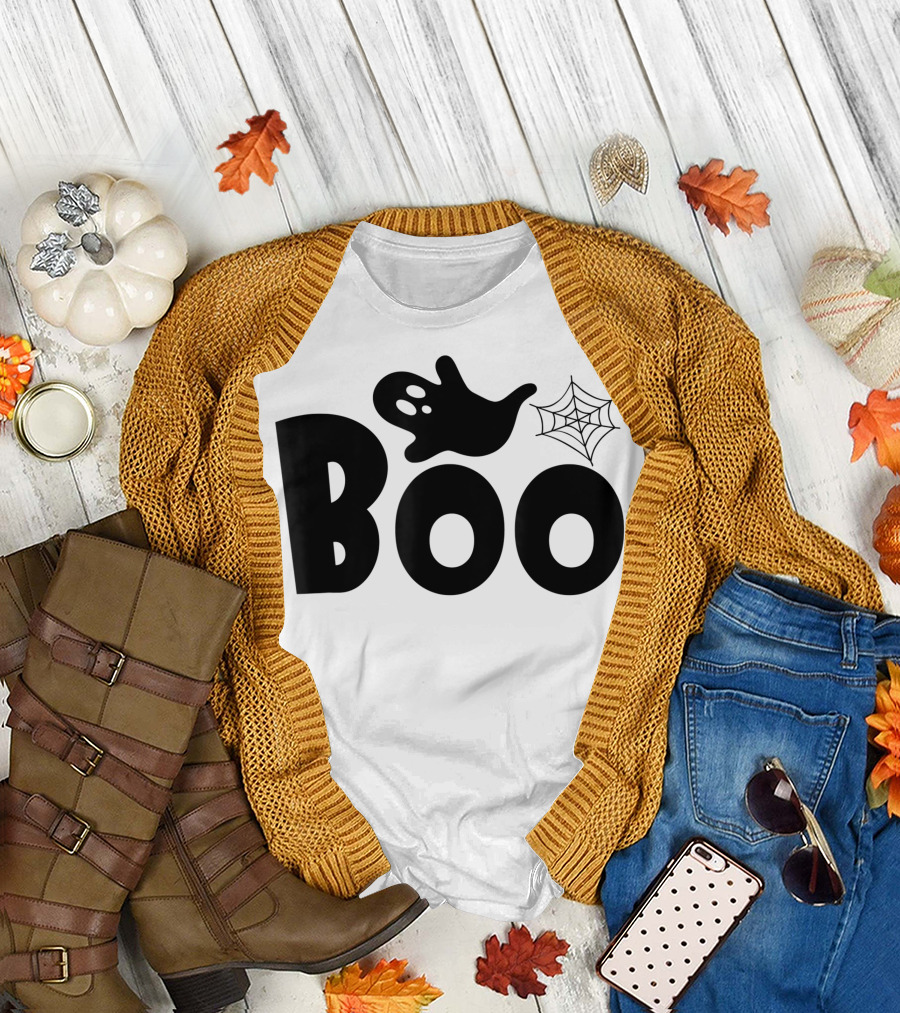 Boo Halloween Funny Gift Ghost with Spider Web T-Shirt
