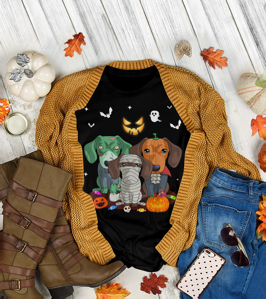 Halloween Dachshund Zombie Mummy Dracula with Pumpkins and Candy T-Shirt
