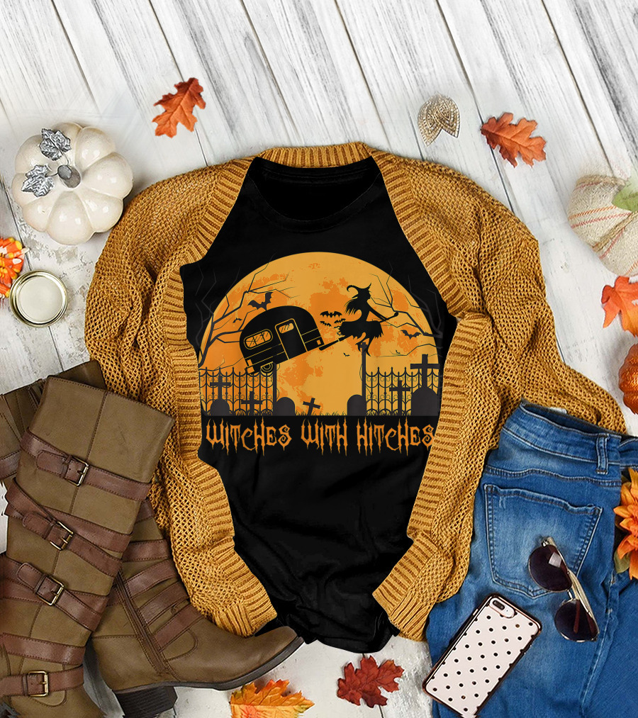 Witches With Hitches Halloween Camping Full Moon Graveyard Scene T-Shirt