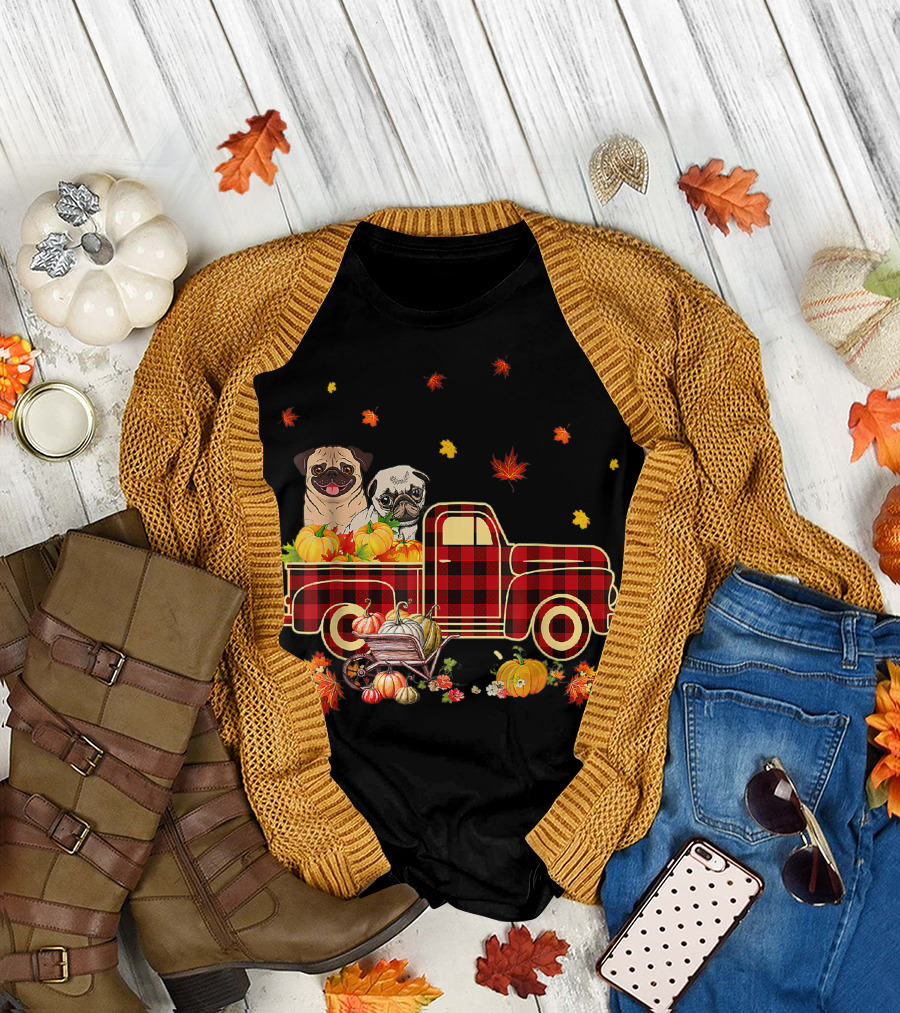 Thanksgiving Pug Pumpkin Plaid Truck Autumn Leaves Halloween T-Shirt