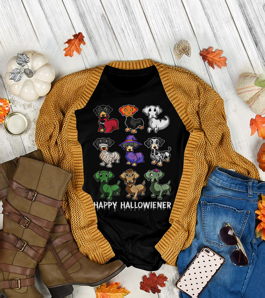 Happy Halloween Dachshund Dog Witch Mummy Skeleton Frankenweenie Halllowiener T-Shirt