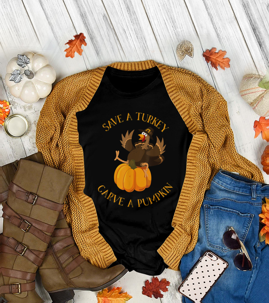 Save A Turkey Carve A Pumpkin Thanksgiving Day Turkey on Pumpkin T-Shirt