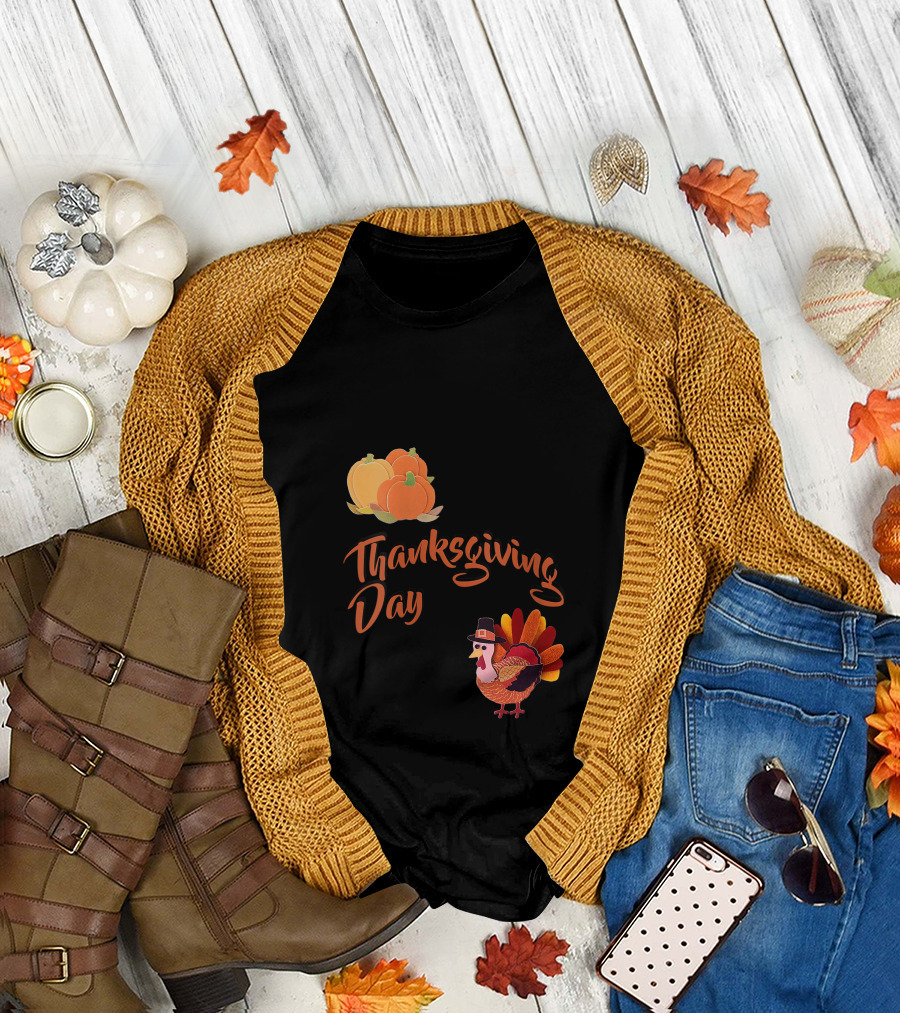 Thanksgiving Day Pumpkin and Pilgrim Turkey T-Shirt