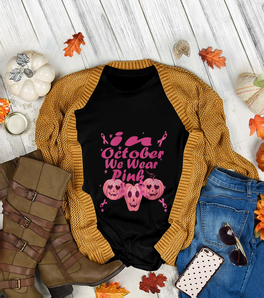 In October We Wear Pink Pumpkins Breast Cancer Awareness Halloween T-Shirt