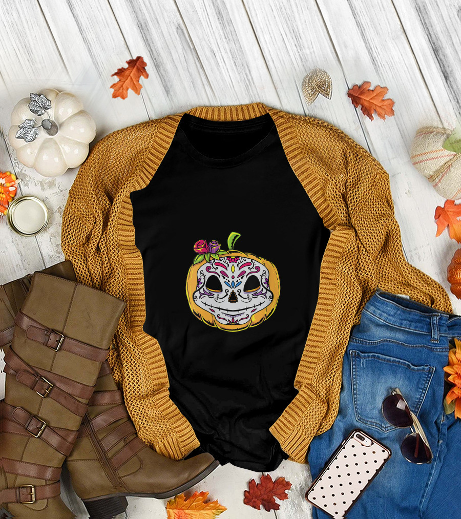 Day Of The Dead Dia De Los Muertos Pumpkin Skull with Floral T-Shirt
