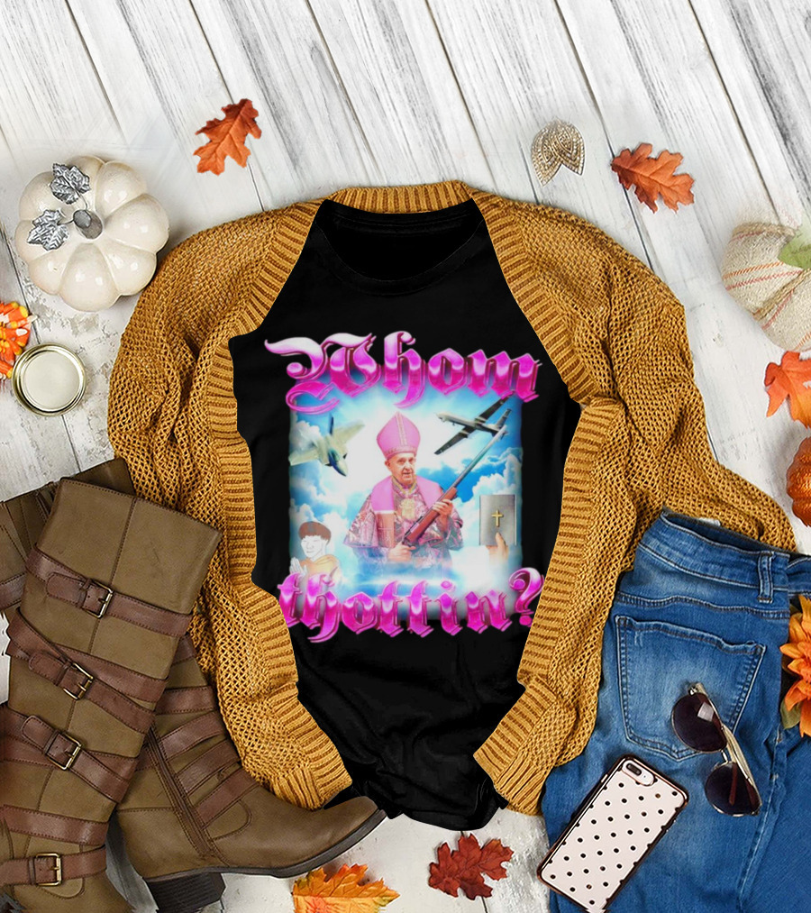 Whom Thottin Priest Holding Rifle with Airplanes and Clouds T-Shirt