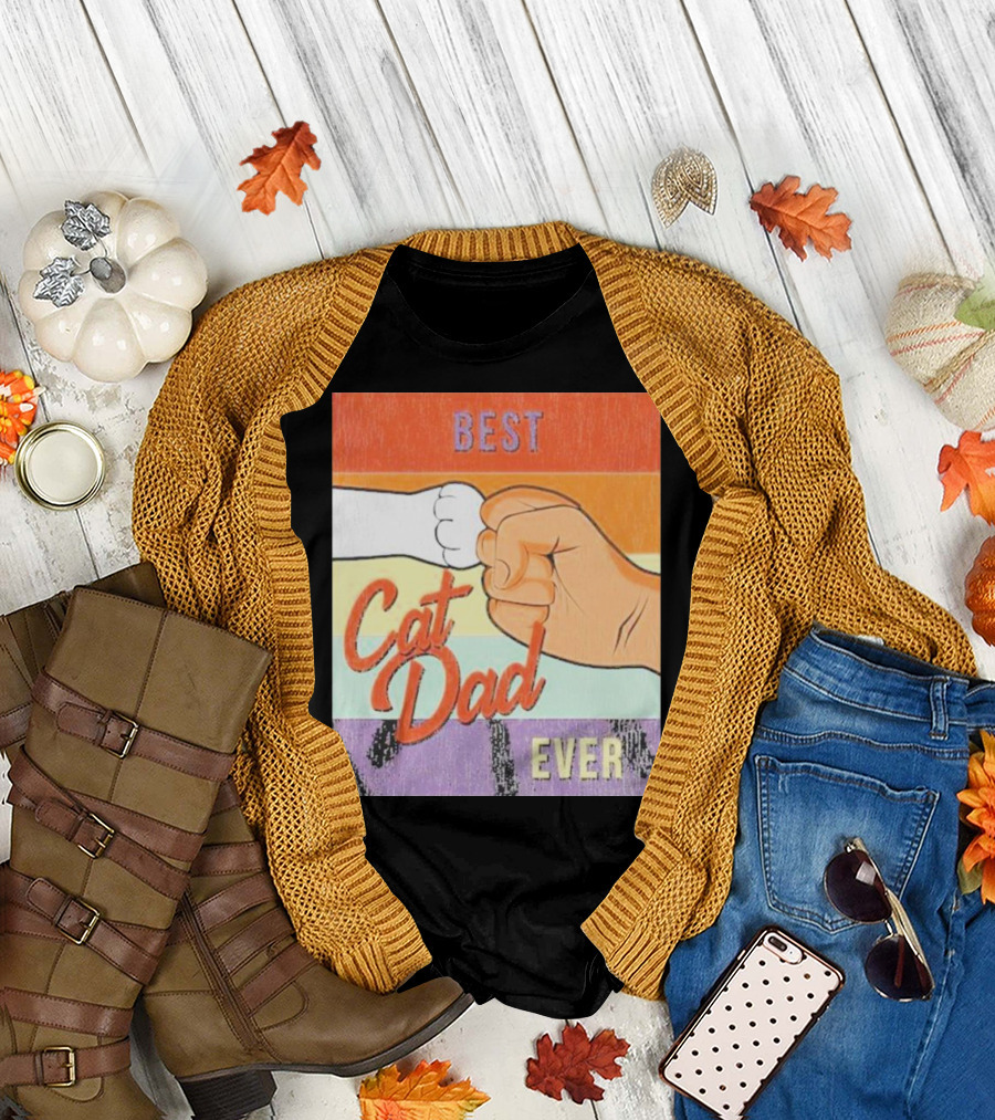 Best Cat Dad Ever Vintage Retro Rainbow Fist Bump T-Shirt