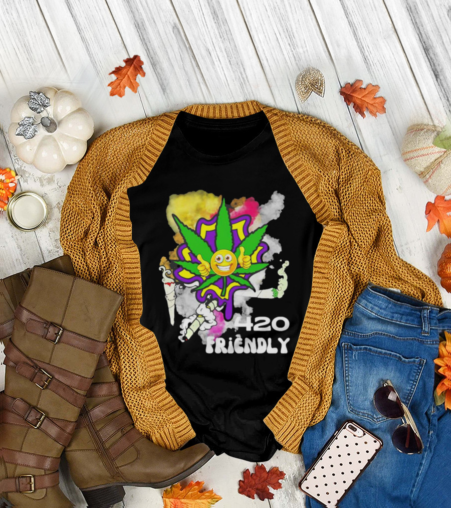 420 Friendly Happy Stoner Leaf with Smiley Face and Colorful Smoke T-Shirt