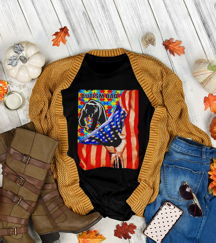 Autism Dad Bear USA Flag Puzzle Awareness T-Shirt