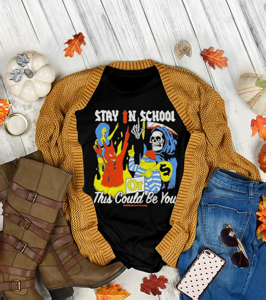 Stay In School Or This Could Be You Red Devil Skeleton Bart Simpson Style Mark Gonzales x Deaton Chris Anthony T-Shirt