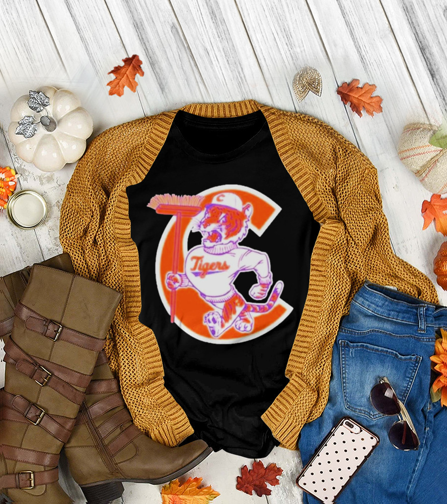 Sweep Tigers Logo Featuring Cartoon Tiger with Broom and Letter C T-Shirt