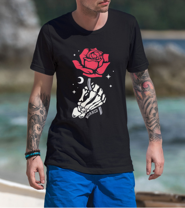 Morbid Skeleton Rose With Crescent Moon And Stars T-Shirt