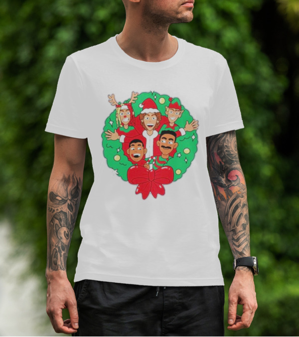 Baylen Levine Christmas Cartoon Characters In Holiday Wreath With Bow And Santa Hat T-Shirt