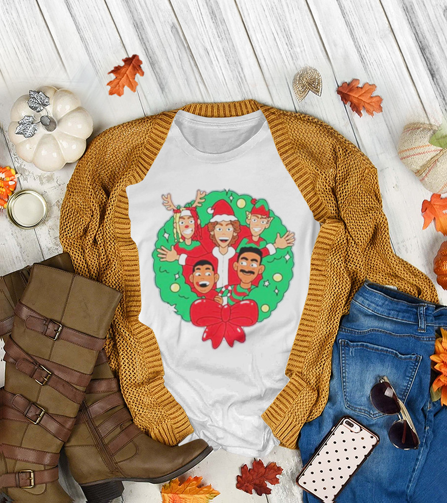 Baylen Levine Christmas Cartoon Characters in Holiday Wreath with Bow and Santa Hat T-Shirt