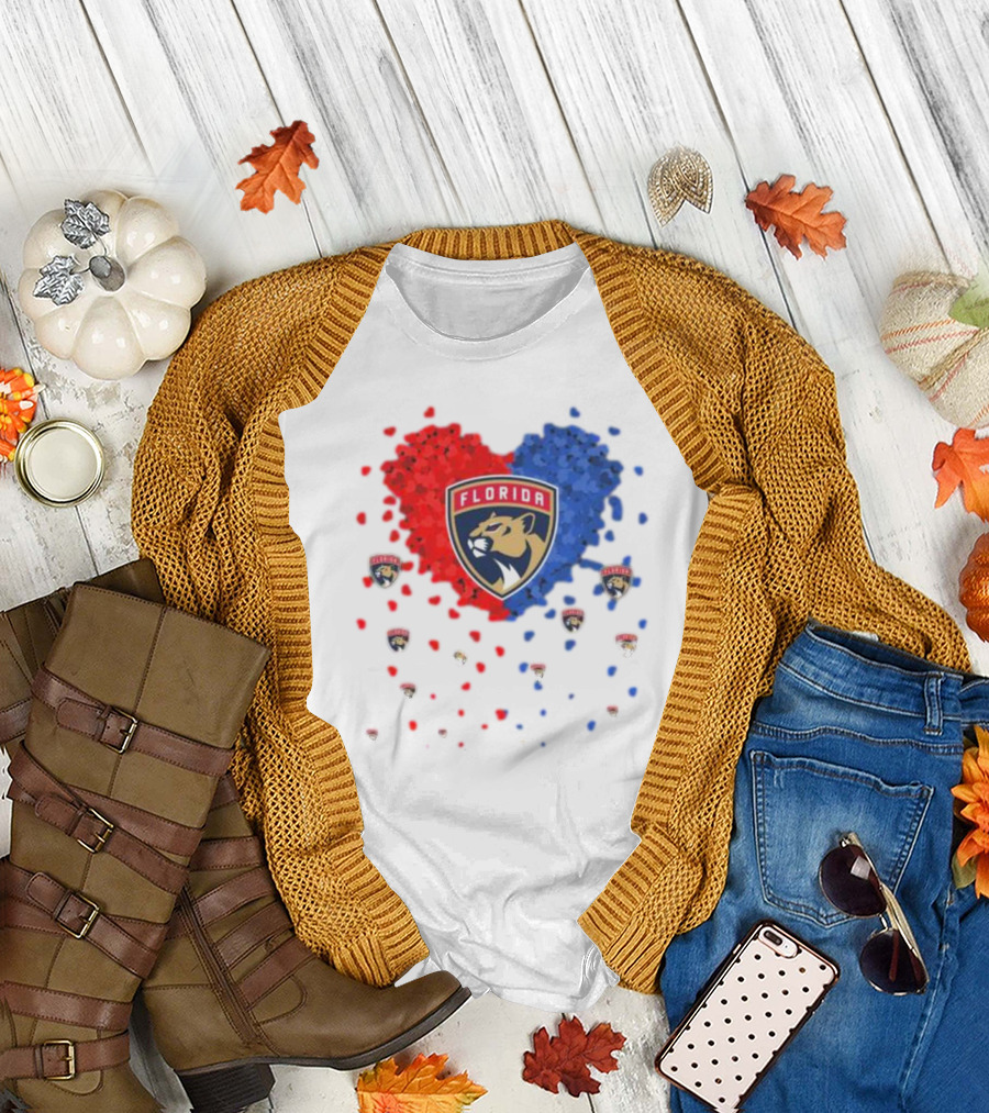 Florida Panthers Heart Logo Red Blue Paws T-Shirt