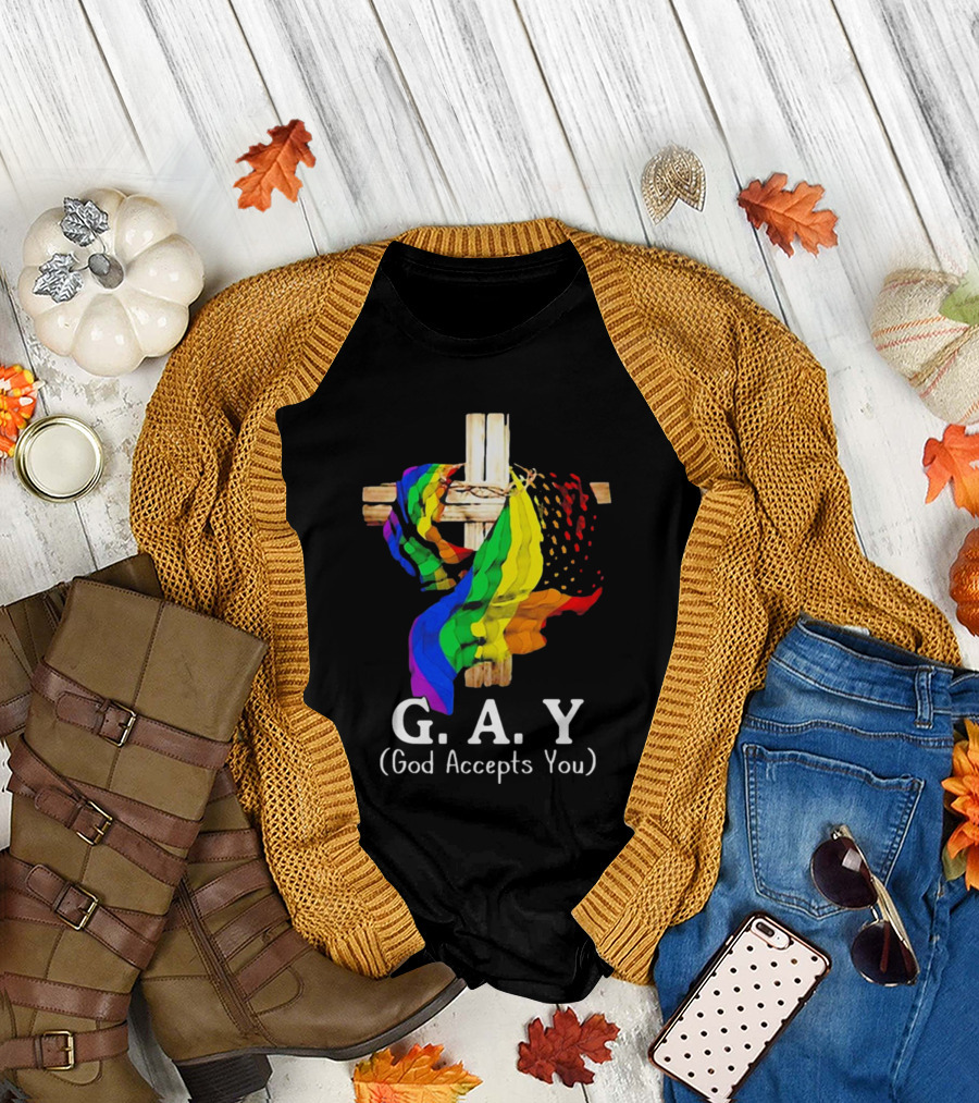 GAY Pride Cross God Accepts You Rainbow Flag T-Shirt