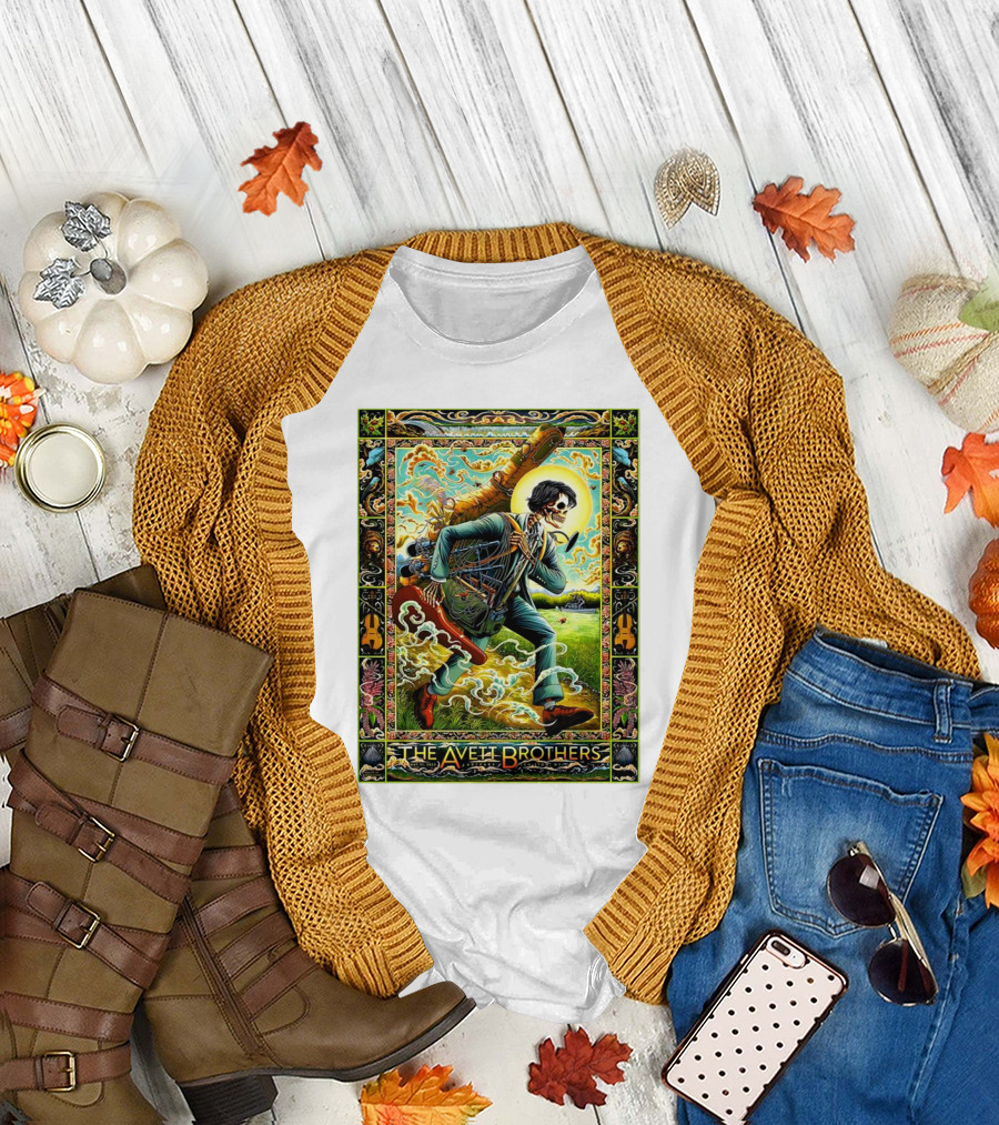 The Avett Brothers Artpark Lewiston Skeleton with Guitar and Vibrant Psychedelic Floral Border T-Shirt