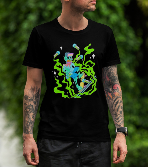 Toxic Skulls Club Bobburnquist Skateboarding Skeleton With Green Smoke And Skateboard T-Shirt