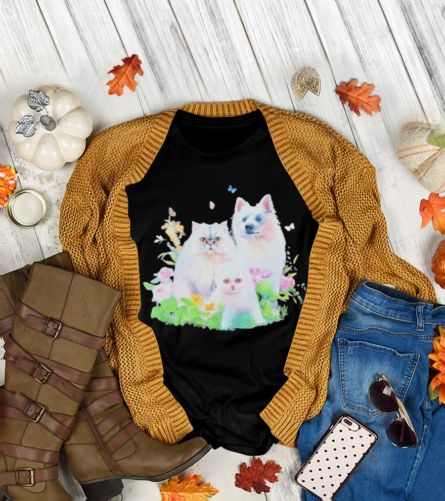 Romcom Jakey Cats and Dog Pastel Garden T-Shirt
