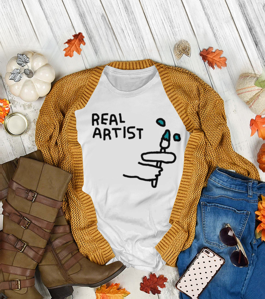 REAL ARTIST Paint Brush Hand Drawing Blue Paint Drops T-Shirt
