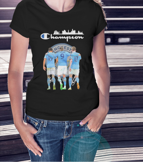 Manchester Haaland De Bruyne Alvarez Champion Football City Skyline T-Shirt