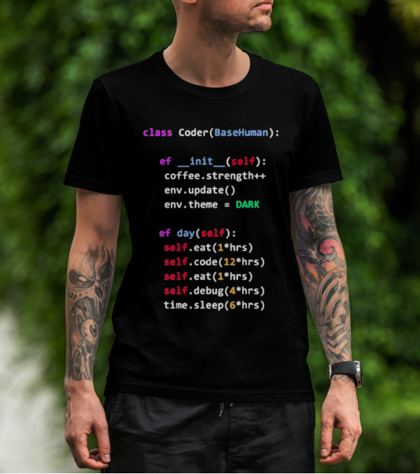 Programmerhumor Class Coder BaseHuman Init Self Coffee Strength Day Eat Code Debug Sleep Theme Dark T-Shirt