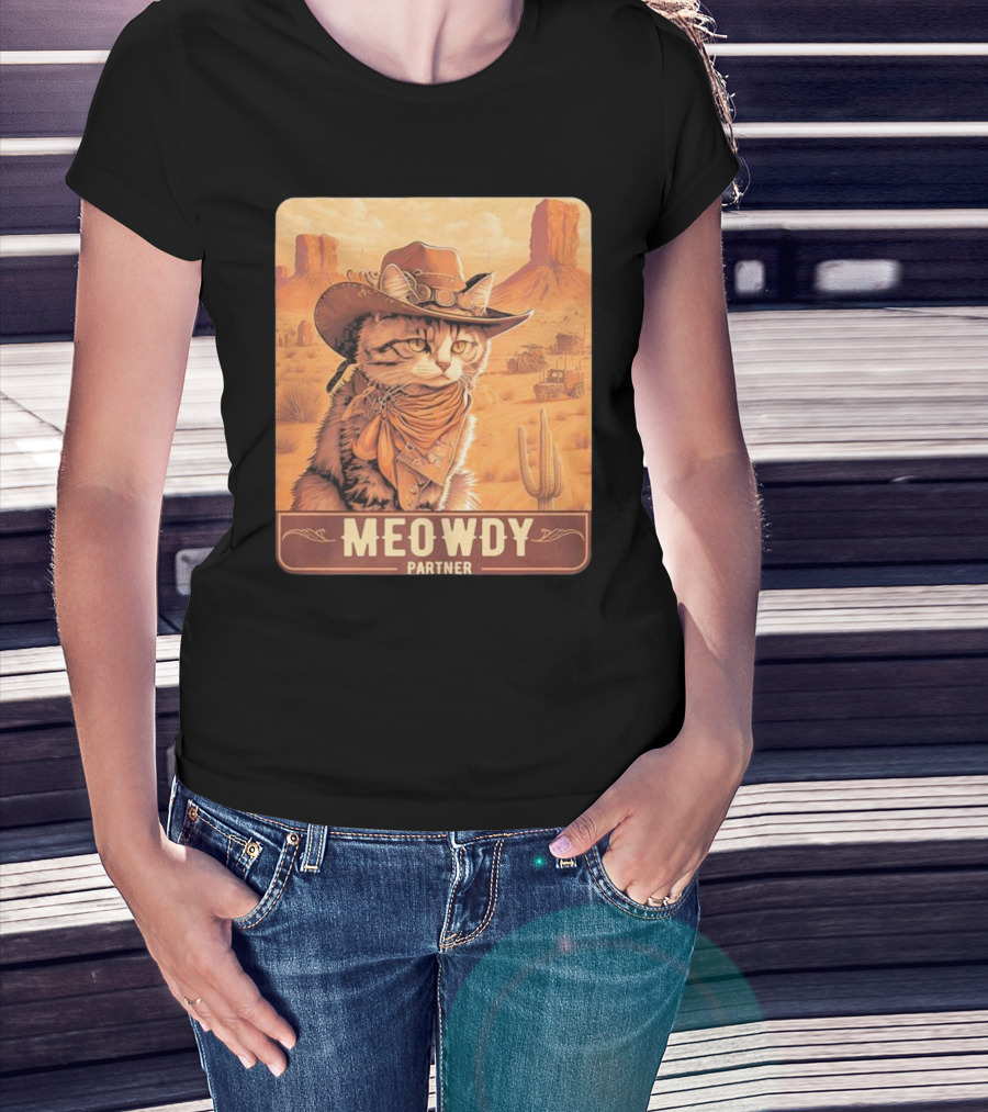 Meowdy Partner Cowboy Cat In Desert Scene With Cactus And Wagon T-Shirt