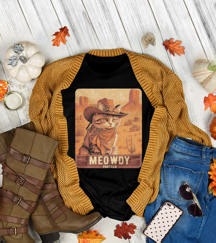 Meowdy Partner Cowboy Cat in Desert Scene with Cactus and Wagon T-Shirt